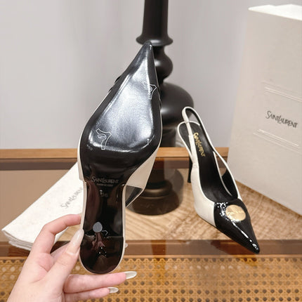 YSL 26S SLINGBACK HEELS 105 MM IN BLACK AND WHITE GLOSSY CALFSKIN WITH GOLD COIN HARDWARE