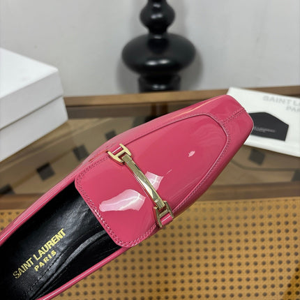 YSL 26S SQUARE-TOE LOAFERS IN PINK GLOSSY CALFSKIN WITH METAL BAR