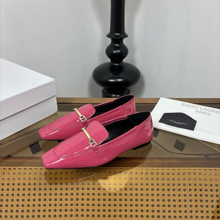 YSL 26S SQUARE-TOE LOAFERS IN PINK GLOSSY CALFSKIN WITH METAL BAR