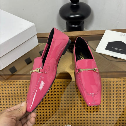 YSL 26S SQUARE-TOE LOAFERS IN PINK GLOSSY CALFSKIN WITH METAL BAR