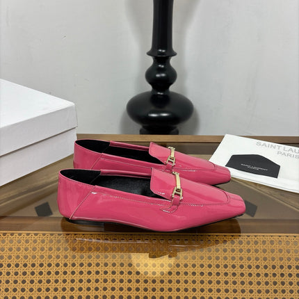 YSL 26S SQUARE-TOE LOAFERS IN PINK GLOSSY CALFSKIN WITH METAL BAR