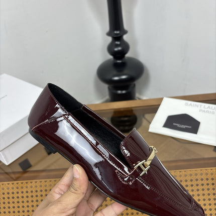 YSL 26S SQUARE-TOE LOAFERS IN DARK RED GLOSSY CALFSKIN WITH METAL BAR
