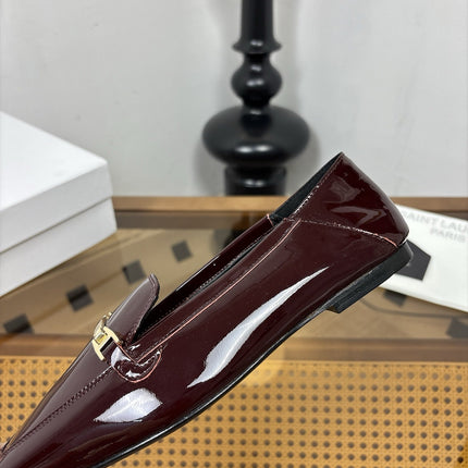 YSL 26S SQUARE-TOE LOAFERS IN DARK RED GLOSSY CALFSKIN WITH METAL BAR