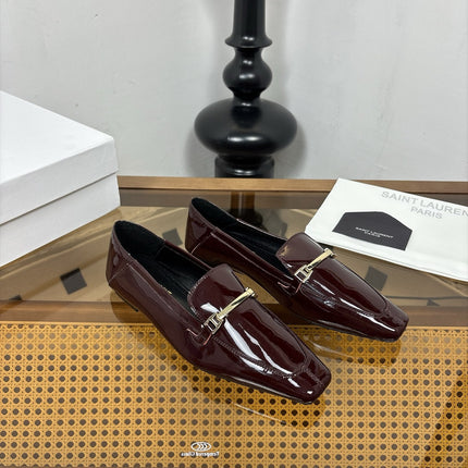 YSL 26S SQUARE-TOE LOAFERS IN DARK RED GLOSSY CALFSKIN WITH METAL BAR
