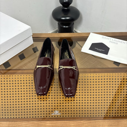 YSL 26S SQUARE-TOE LOAFERS IN DARK RED GLOSSY CALFSKIN WITH METAL BAR