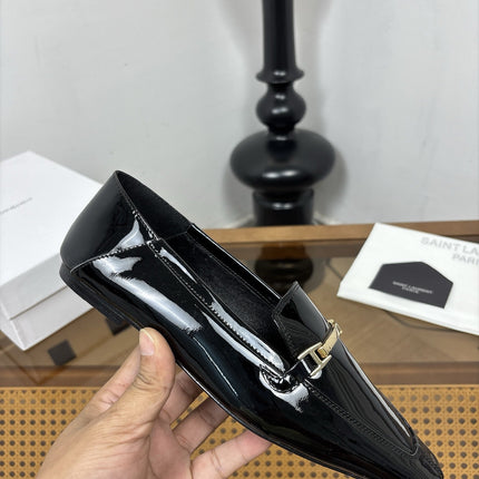 YSL 26S SQUARE-TOE LOAFERS IN BLACK GLOSSY CALFSKIN WITH METAL BAR