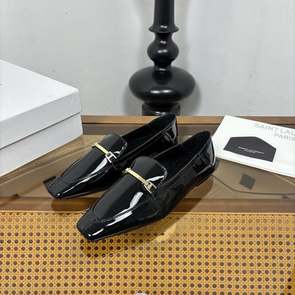 YSL 26S SQUARE-TOE LOAFERS IN BLACK GLOSSY CALFSKIN WITH METAL BAR