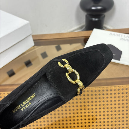 YSL 26S SQUARE-TOE LOAFERS IN BLACK SUEDE WITH GOLD HARDWARE