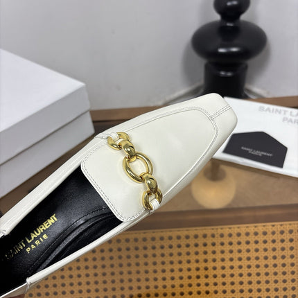 YSL 26S SQUARE-TOE LOAFERS IN WHITE CALFSKIN WITH GOLD HARDWARE