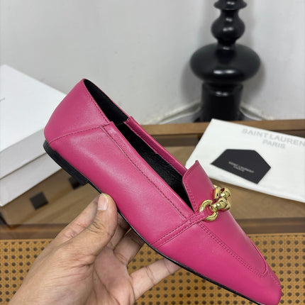 YSL 26S SQUARE-TOE LOAFERS IN PINK CALFSKIN WITH GOLD HARDWARE