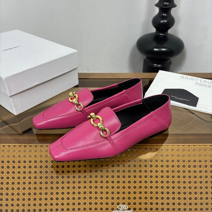 YSL 26S SQUARE-TOE LOAFERS IN PINK CALFSKIN WITH GOLD HARDWARE