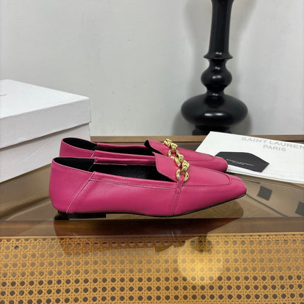 YSL 26S SQUARE-TOE LOAFERS IN PINK CALFSKIN WITH GOLD HARDWARE