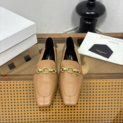 YSL 26S SQUARE-TOE LOAFERS IN LIGHT BROWN CALFSKIN WITH GOLD HARDWARE