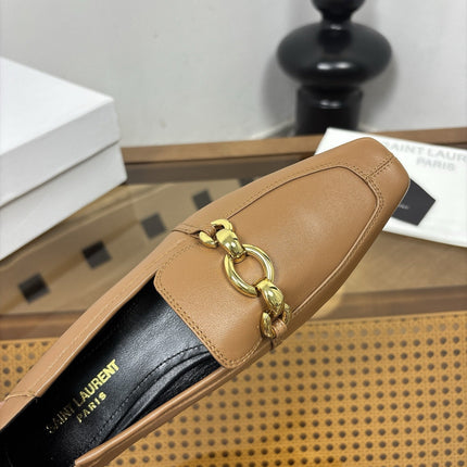 YSL 26S SQUARE-TOE LOAFERS IN LIGHT BROWN CALFSKIN WITH GOLD HARDWARE