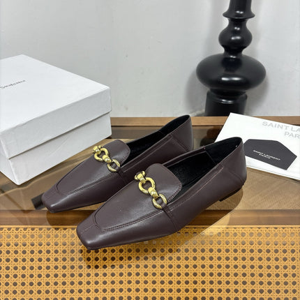 YSL 26S SQUARE-TOE LOAFERS IN CHOCOLATE BROWN CALFSKIN WITH GOLD HARDWARE