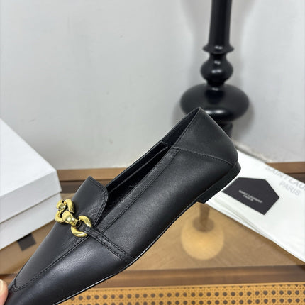 YSL 26S SQUARE-TOE LOAFERS IN BLACK CALFSKIN WITH GOLD HARDWARE