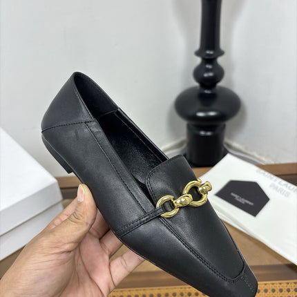 YSL 26S SQUARE-TOE LOAFERS IN BLACK CALFSKIN WITH GOLD HARDWARE