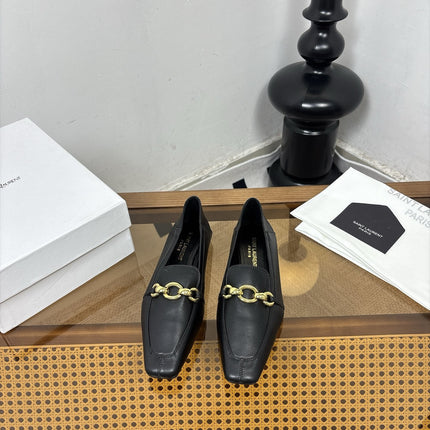 YSL 26S SQUARE-TOE LOAFERS IN BLACK CALFSKIN WITH GOLD HARDWARE