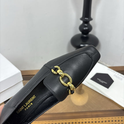YSL 26S SQUARE-TOE LOAFERS IN BLACK CALFSKIN WITH GOLD HARDWARE