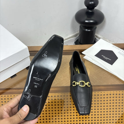 YSL 26S SQUARE-TOE LOAFERS IN BLACK CALFSKIN WITH GOLD HARDWARE