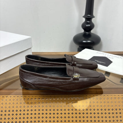 YSL 26S SQUARE-TOE LOAFERS IN CHOCOLATE BROWN SHINY CALFSKIN