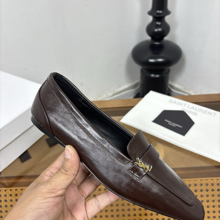 YSL 26S SQUARE-TOE LOAFERS IN CHOCOLATE BROWN SHINY CALFSKIN