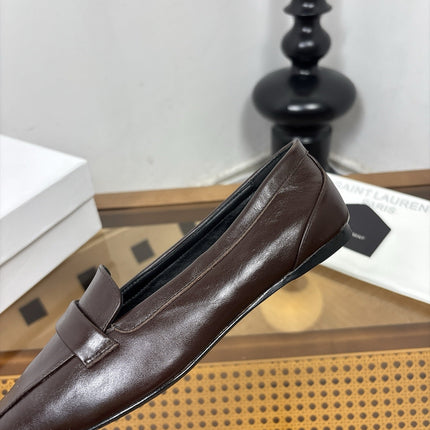YSL 26S SQUARE-TOE LOAFERS IN CHOCOLATE BROWN SHINY CALFSKIN