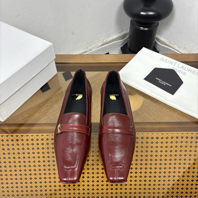 YSL 26S SQUARE-TOE LOAFERS IN DARK RED SHINY CALFSKIN