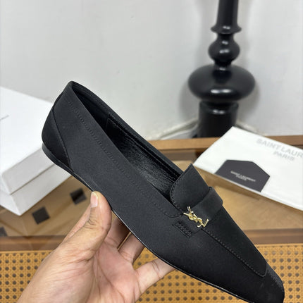 YSL 26S SQUARE-TOE LOAFERS IN BLACK SATIN