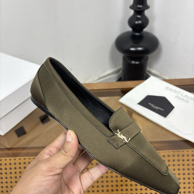 YSL 26S SQUARE-TOE LOAFERS IN MOSS GREEN SATIN