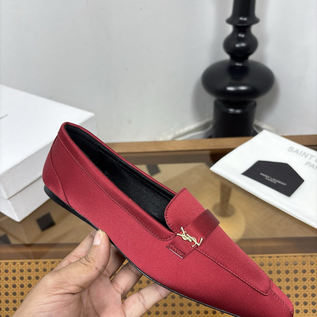 YSL 26S SQUARE-TOE LOAFERS IN DARK RED SATIN