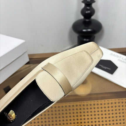 YSL 26S SQUARE-TOE LOAFERS IN BEIGE SATIN