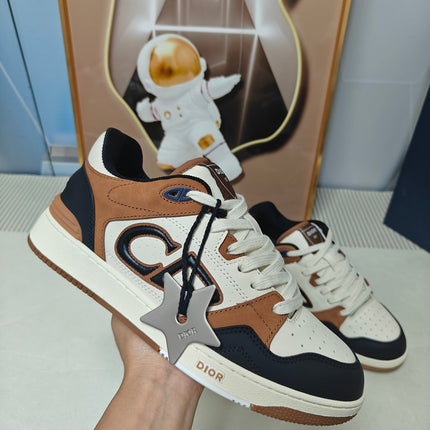 DIOR 26S LOW-TOP SNEAKER IN WHITE & BROWN AND BLACK CALFSKIN