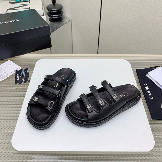 DAD SANDALS 3 STRAPS IN BLACK CALFSKIN