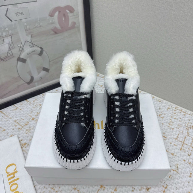 CHLOÉ 26S WEDGE SOLE SNEAKERS IN BLACK CALFSKIN