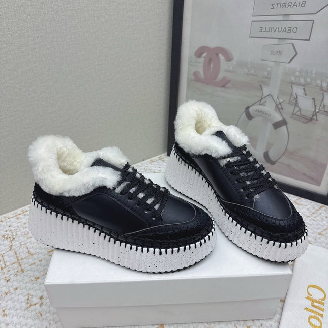 CHLOÉ 26S WEDGE SOLE SNEAKERS IN BLACK CALFSKIN
