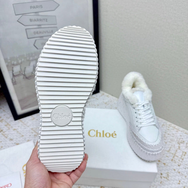 CHLOÉ 26S WEDGE SOLE SNEAKERS IN WHITE CALFSKIN