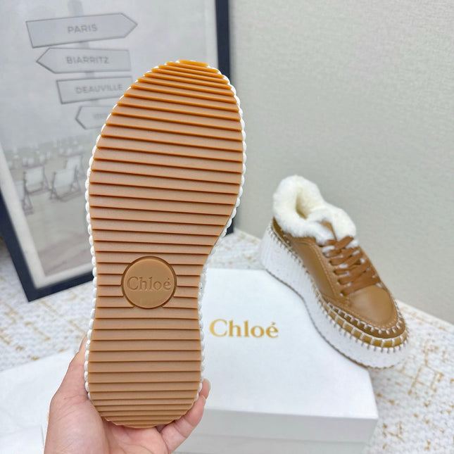 CHLOÉ 26S WEDGE SOLE SNEAKERS IN BROWN CALFSKIN