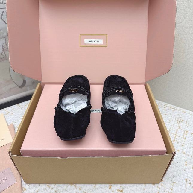 MIUMIU 25S NAPPA LOAFERS IN BLACK SUEDE