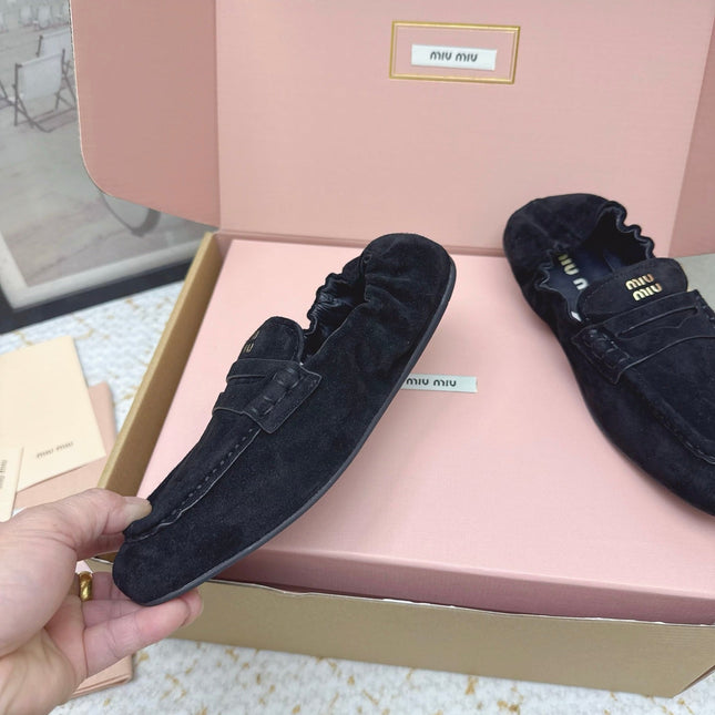 MIUMIU 25S NAPPA LOAFERS IN BLACK SUEDE