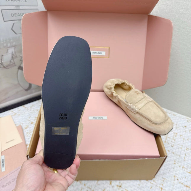 MIUMIU 25S NAPPA LOAFERS IN BEIGE SUEDE