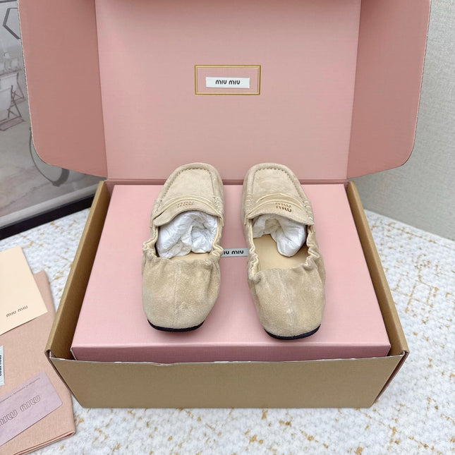 MIUMIU 25S NAPPA LOAFERS IN BEIGE SUEDE