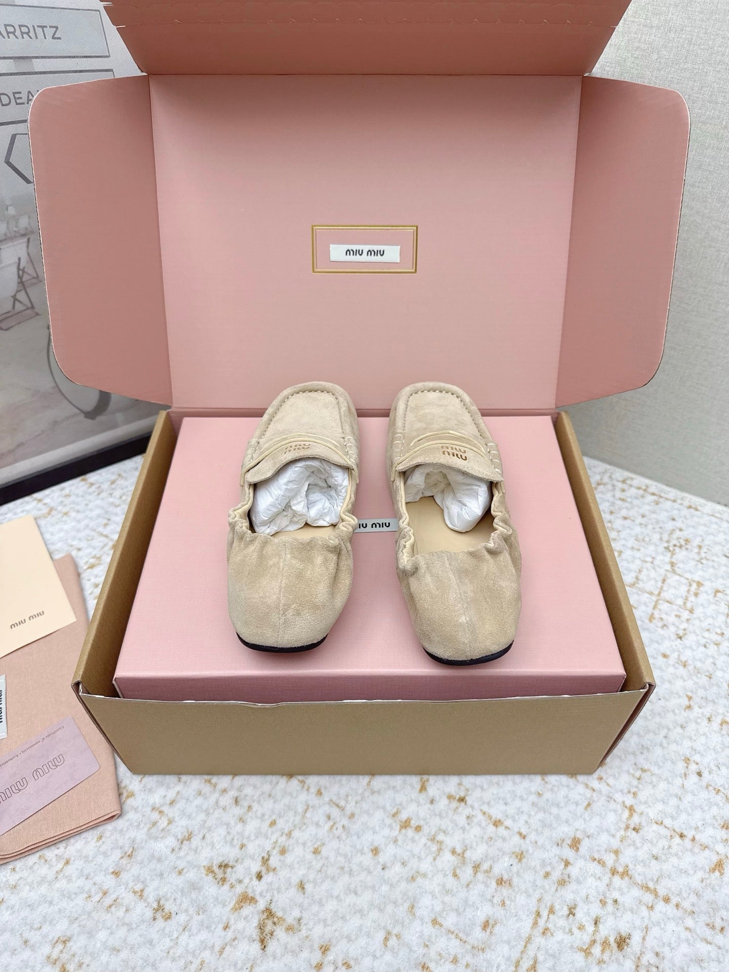 MIUMIU 25S NAPPA LOAFERS IN BEIGE SUEDE
