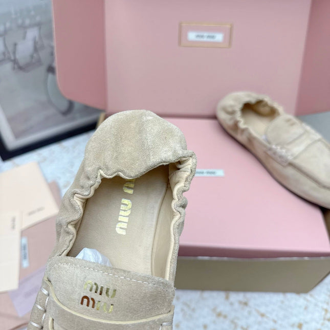 MIUMIU 25S NAPPA LOAFERS IN BEIGE SUEDE