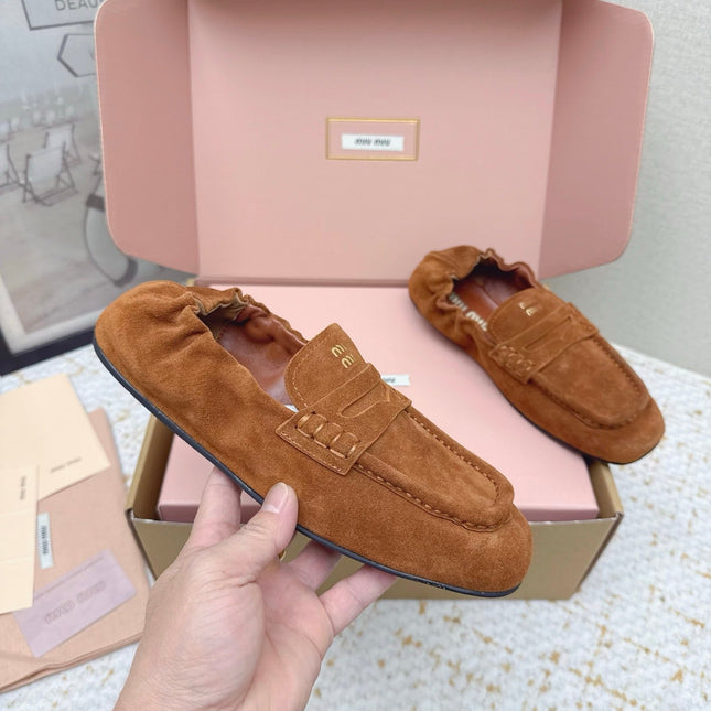MIUMIU 25S NAPPA LOAFERS IN CARAMEL BROWN SUEDE