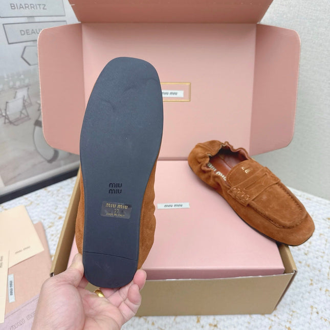 MIUMIU 25S NAPPA LOAFERS IN CARAMEL BROWN SUEDE