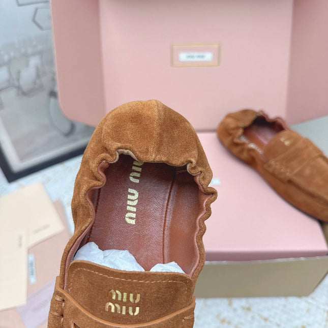 MIUMIU 25S NAPPA LOAFERS IN CARAMEL BROWN SUEDE