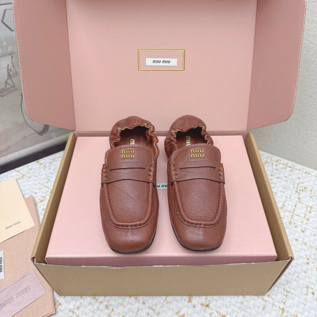 MIUMIU 25S NAPPA LOAFERS IN RUSTY BROWN LAMBSKIN