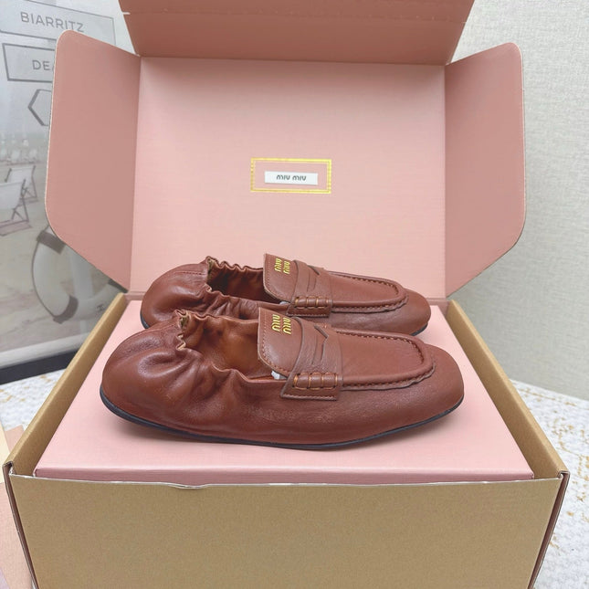 MIUMIU 25S NAPPA LOAFERS IN RUSTY BROWN LAMBSKIN