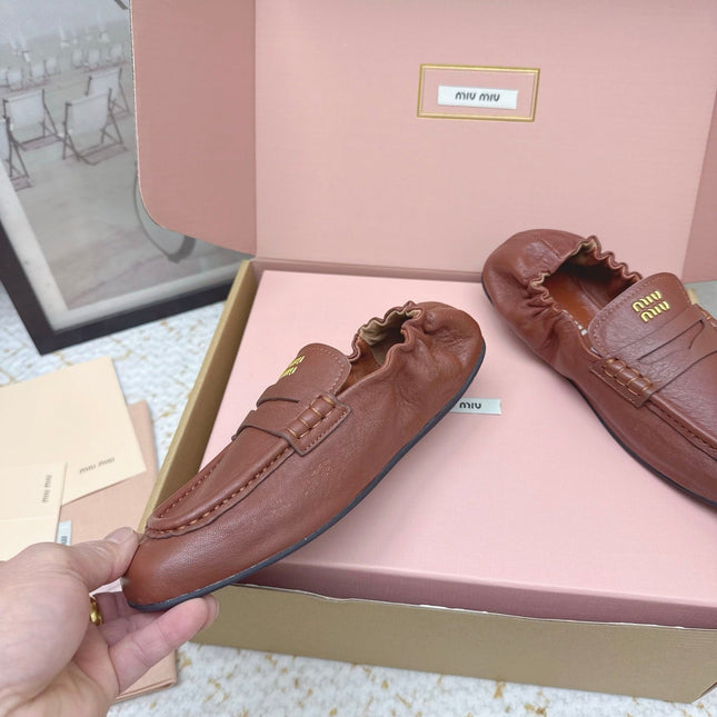 MIUMIU 25S NAPPA LOAFERS IN RUSTY BROWN LAMBSKIN
